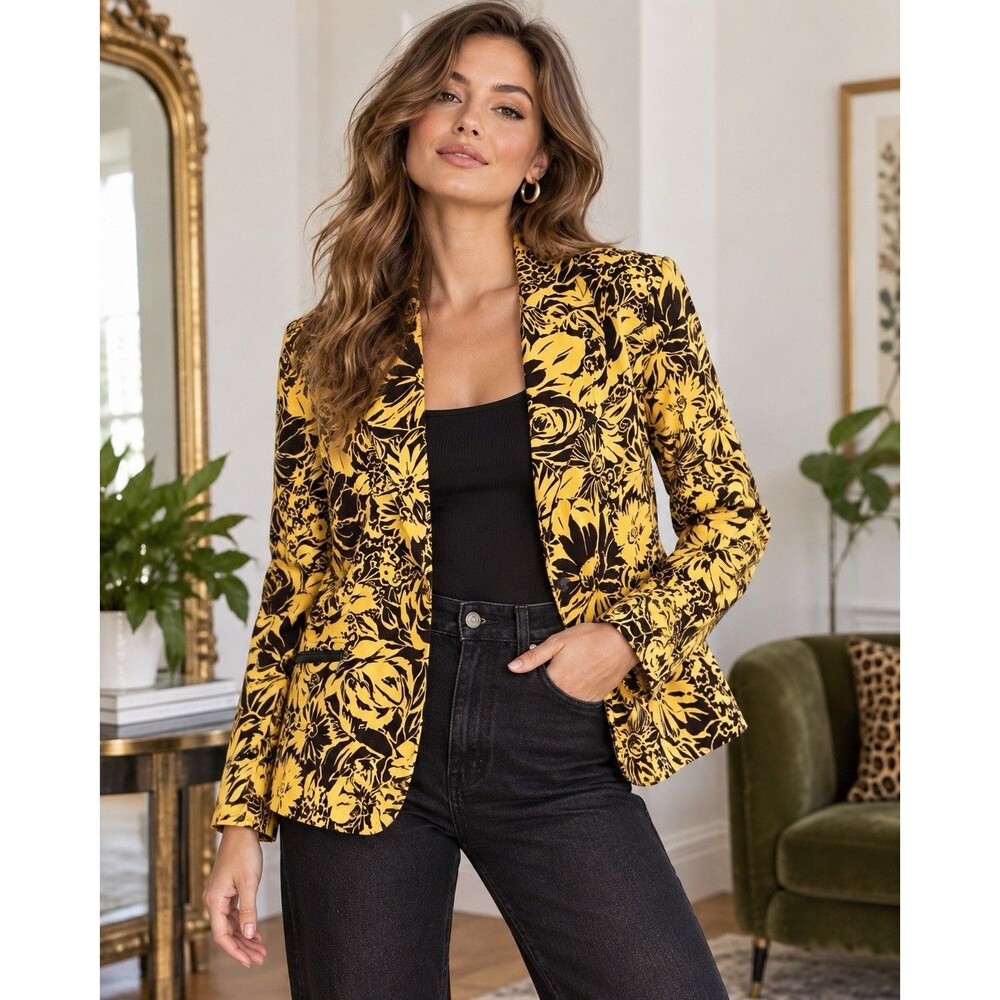 Vintage Y2K Floral Blazer W 10 Mustard Brown Boho Artsy Statement Jacket